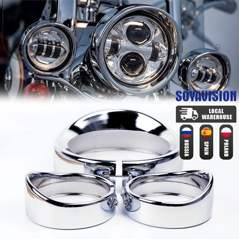 Motorcycle 7\'\' Headlight Visor Style Trim Ring + 4.5\'\' Auxiliary Fog Light Ring Chrome For Harley Touring Road King Dyna Softail