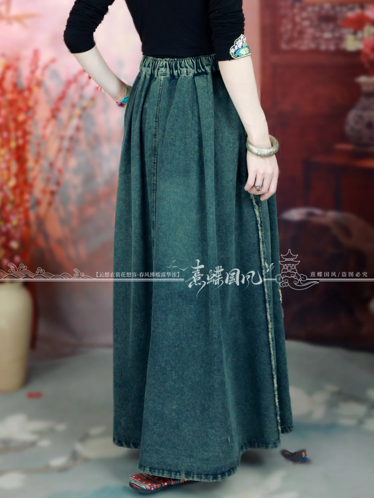 TIYIHAILEY Women's Blue Long Maxi Embroidery Skirt, High Waist, Elastic, Ladies' A-Line, Spring, Summer, New, 2025 Chinese Style