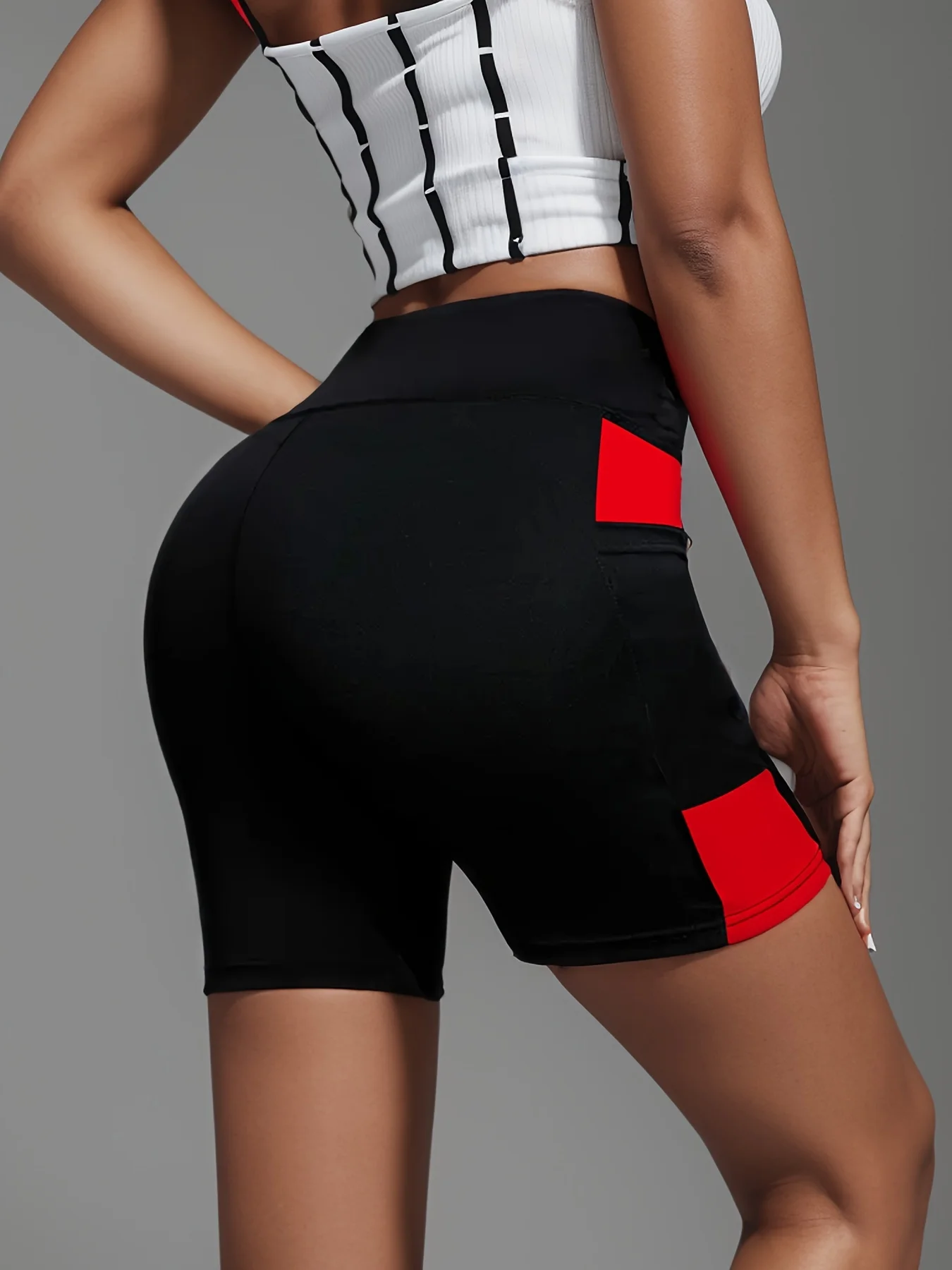 Women\'s New Contrast Color Block Pocket High Waist Athletic Shorts Activewear Yoga Gym Running For Sport