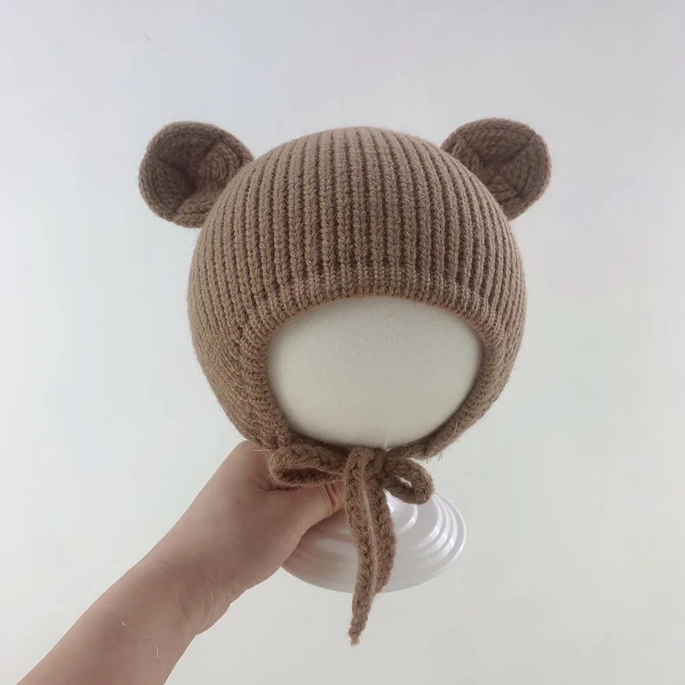 

Cute Bear Crochet Baby Hat Soft Pompom Infant Girls Boys Cap Beanie Solid Winter Kids Knitted Warm Ear Protection Bonnet Hat