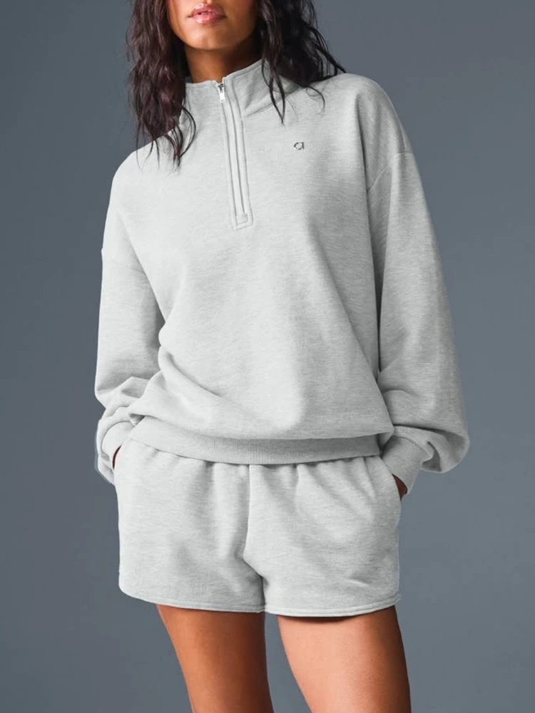 طويلة الأكمام أغطية رأس بسحاب المرأة الصلبة رمادي بلوزات الترفيه الأعلى الرياضة الوقوف طوق البلوز اللياقة البدنية معطف فضفاض الخريف #2