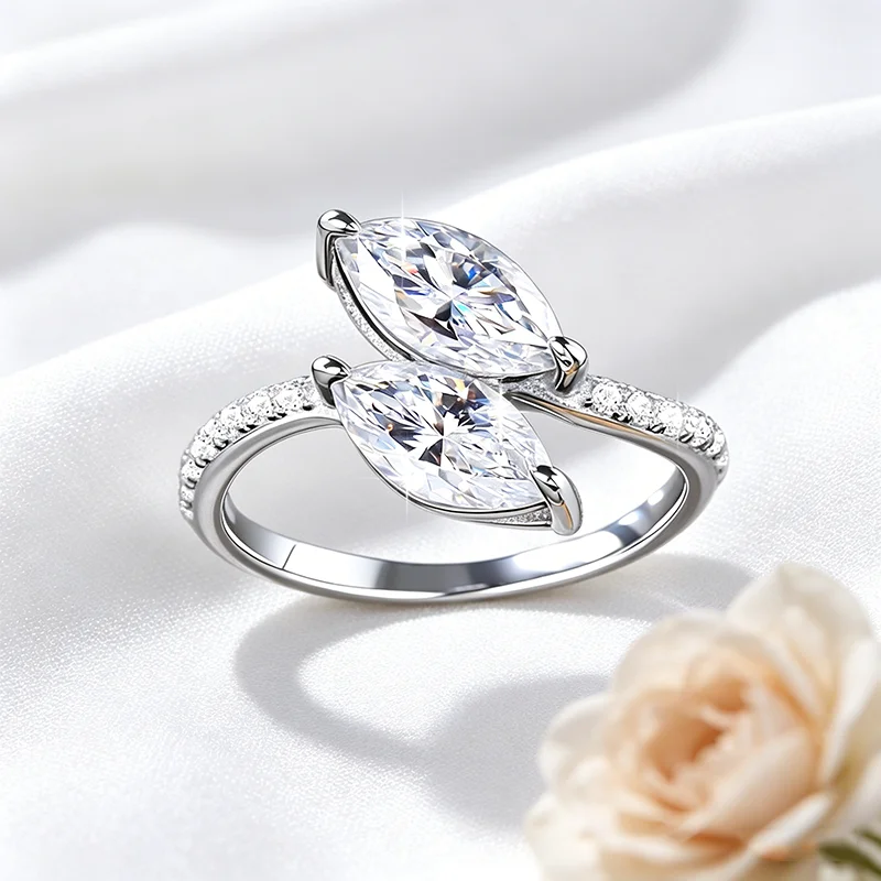 Double marquise cut 1CT moissanite wedding ring female luxury couple jewelry S925 sterling silver plated with 18K gold.