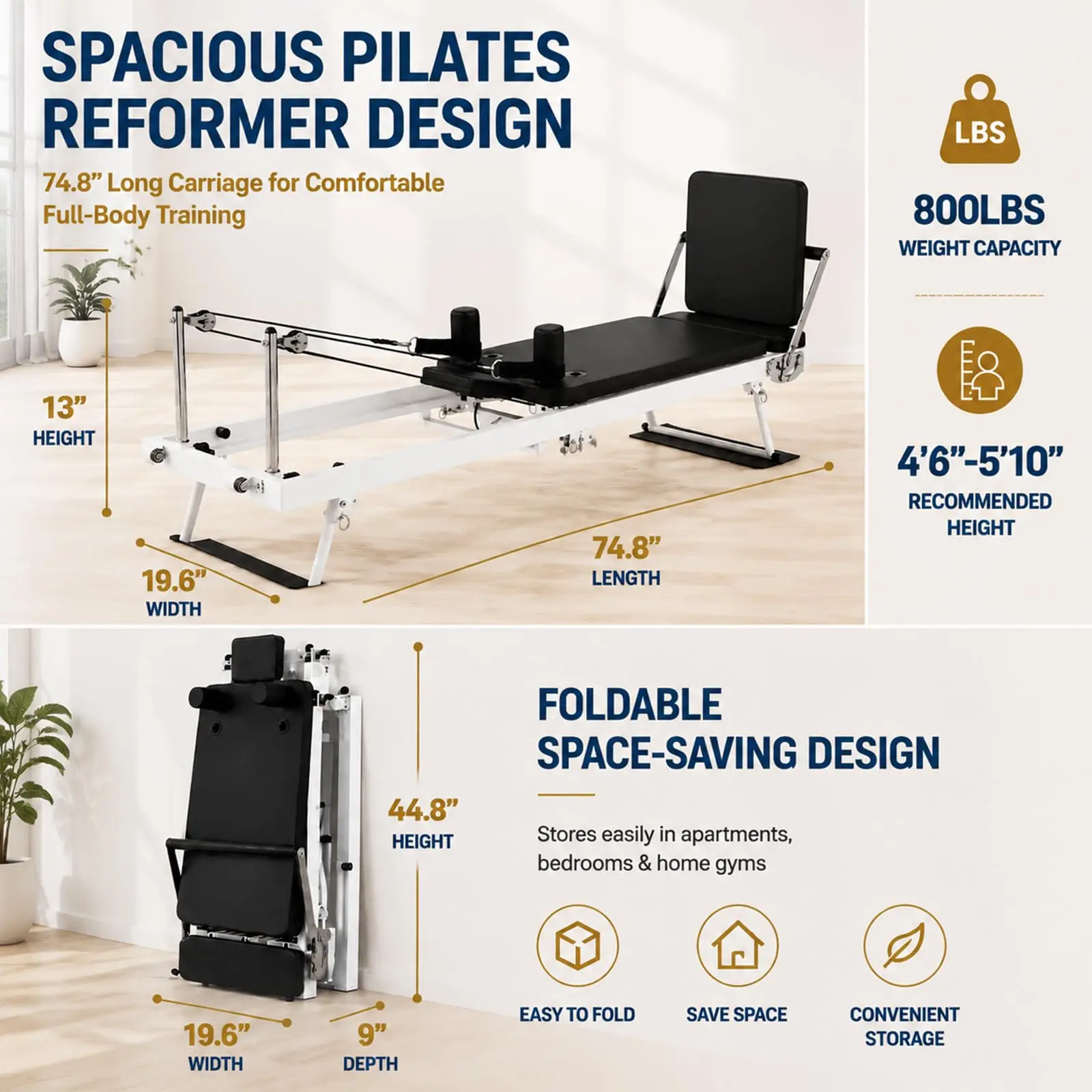 Pilates Reformer Machine, Foldable Pilates Reformer for Home Workout