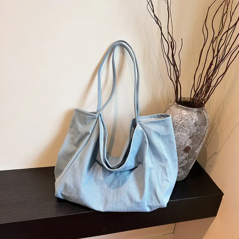 Cowboy Material 2024 Hot Selling Tote Bag Large Capacity Solid Color Versatile Fashion Handbag Soft Simple Trendy Shoulder Bag