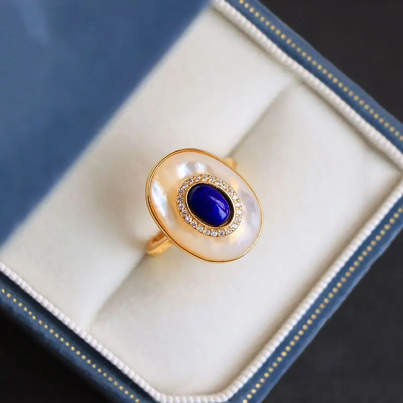 

Classic Light luxury Vintage lapis lazuli engagement ring adjustable white fritillaria oval rings for women high-end jewelry