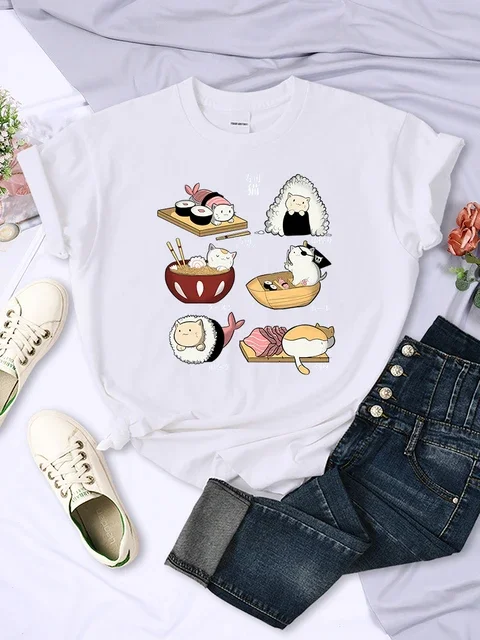 Harajuku Sushi Cat Day Print Female Shirts Fashion Sweat Tshirt Hip Hop Women Tee Clothes Breathable Summer Hip Hop Casual Tops