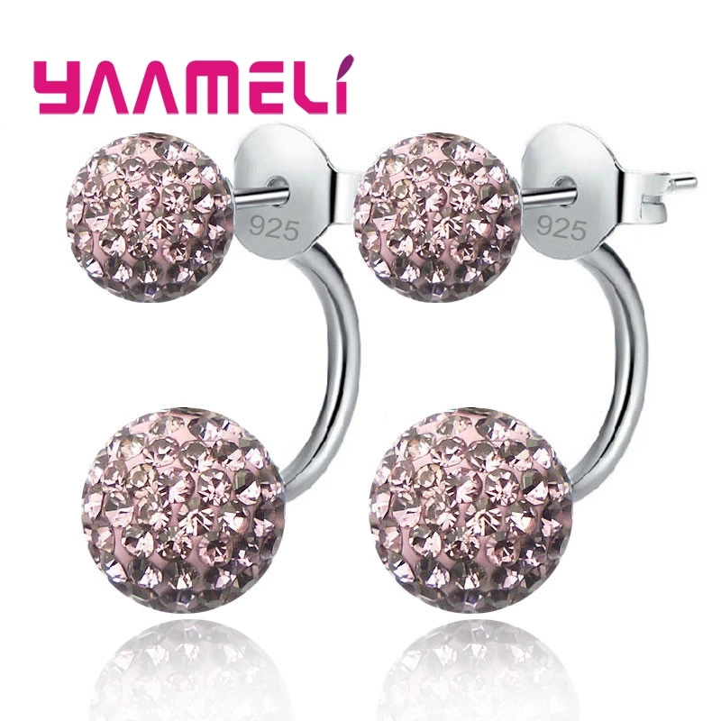 11 Colors Options!! Full Austrian CZ Crystal Paved Stud Earrings for Women 925 Sterling Silver Two Disco Balls Brincos Jewelry