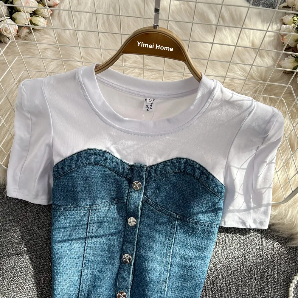 

Retro High Waist ort Spliced Denim irt Summer New Korean Version ort Sve Design Sensation Top Trendy