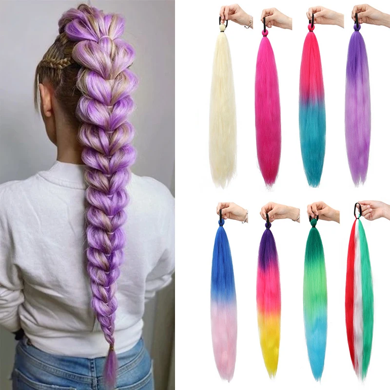 2pcs Gradient Straight Ponytail With Elastic Hair Tie Anime Colorful Braiding Hair Ponytail Hair Extensions Hair Accessories