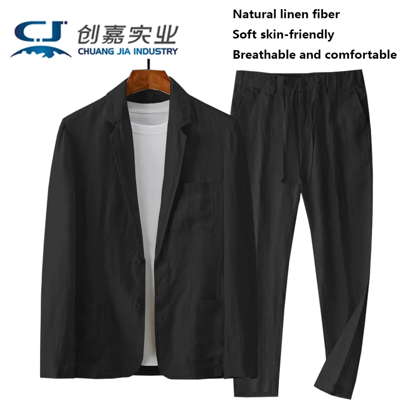 Natural Pure 100% Linen Men's Suit Set 2 Pieces Black Fashion Comfortable Temperament Men's Business Casual Spring Autumn