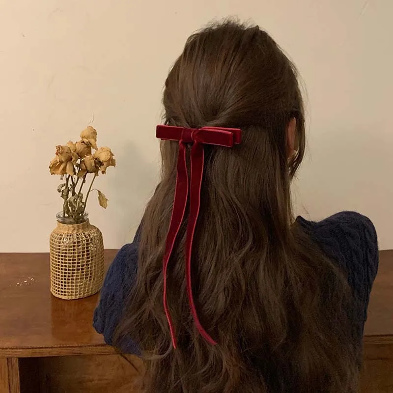 

Vintage Red Velvet Bow Hair Clip For Women Girls Korean Long Tassel Ribbon Hairpins Barrettes Headwear Hair Accessories