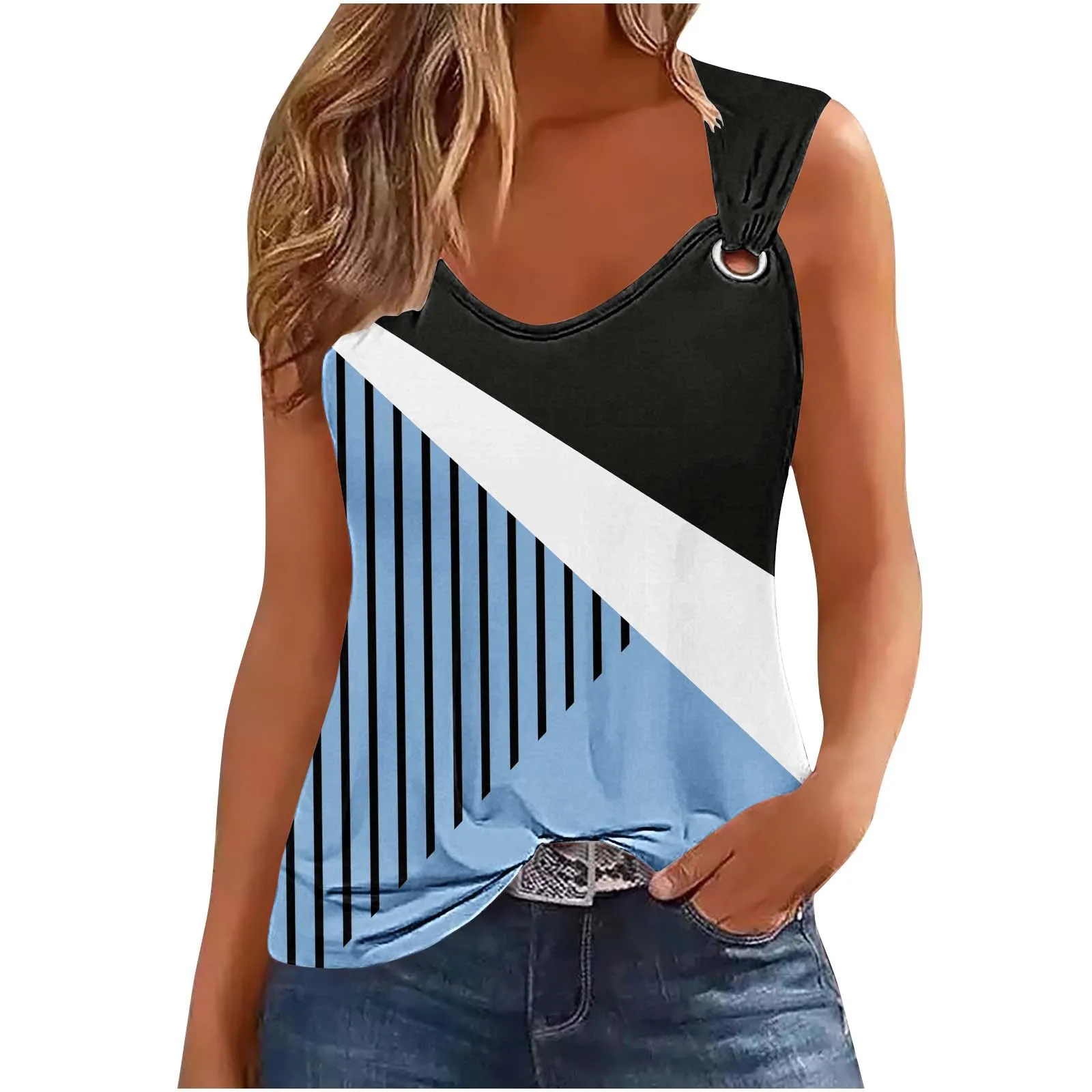 Fashion geometry Print T Shirt For Women 2024 Summer Sleeveless T-shirt Tank Top Casual Tshirt Women Tops Femme