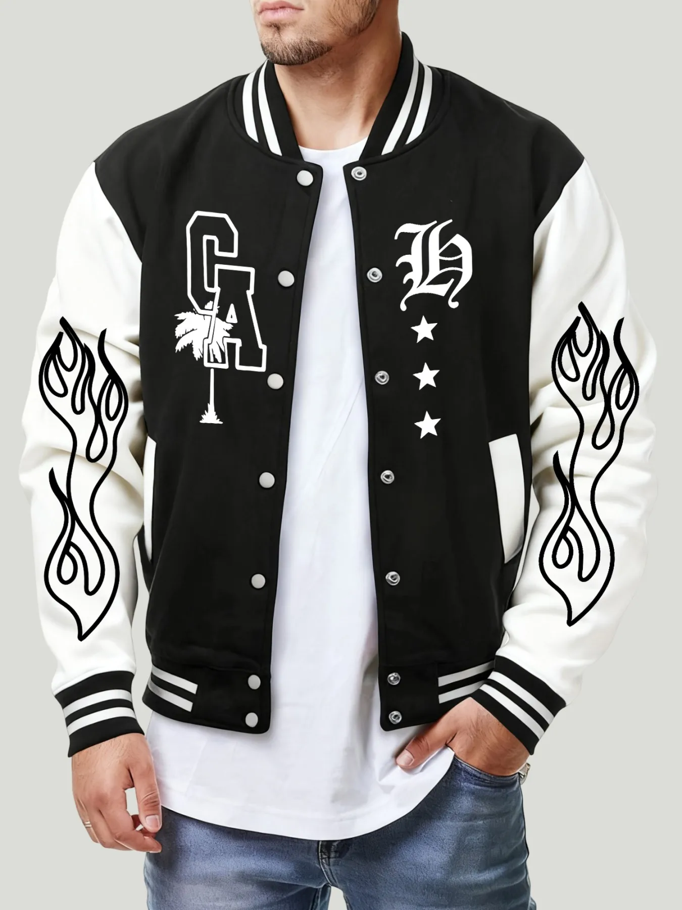 

Letter Ca Flame Star Prints Autumn Men Baseball Jackets Fashion Casual Coats Fleece Button Jersey Hip Hop Oversize Streetwear