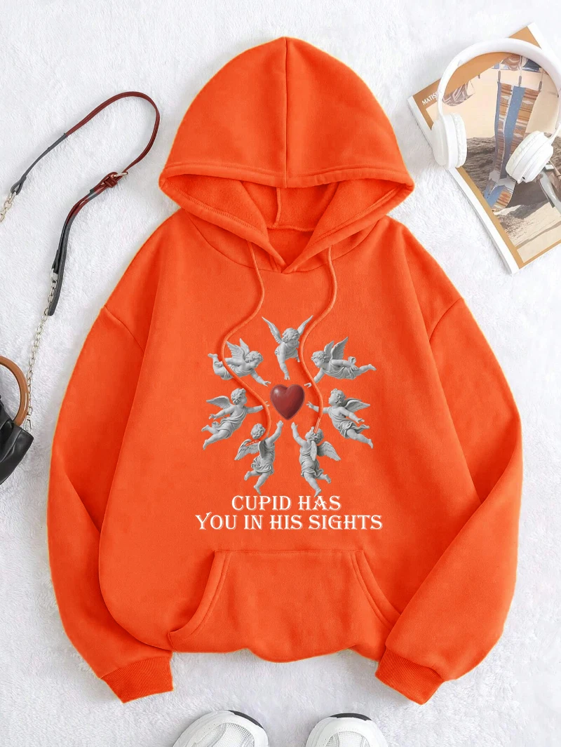 Cupid Has You In His Sights Print Women Hoody Autumn Fleece Hoodies Hip Hop Loose Streetwear Woman Casual All-Match Hoodie