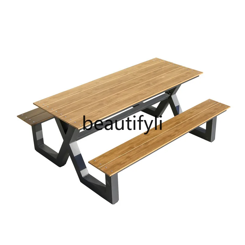 

Outdoor one-piece table and chair combination park chair wrought iron garden courtyard seat bench PE plastic wood table chair