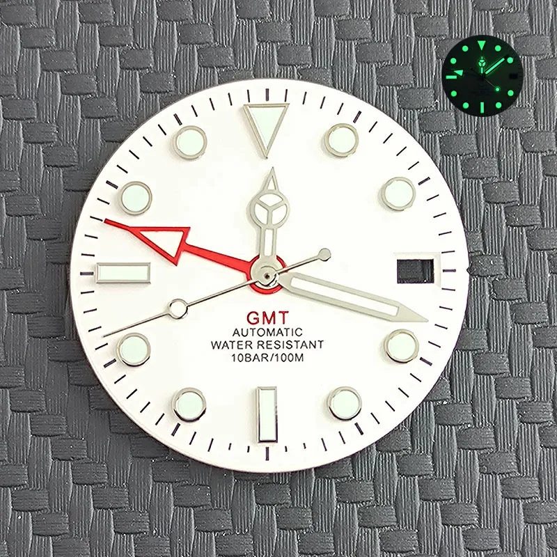 Zifferblatt-Zubehör, 28,5 mm GMT-Zifferblatt, grünes Paket, C3, leuchtend, kann mit Logo für 34 GMT NH-Uhrwerk, Uhrenzubehör angepasst werden