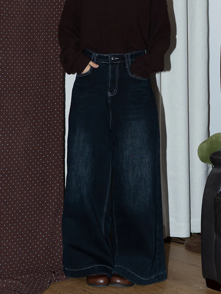 

Thiened Fce Lined Vintage Blue Jeans Casual Long Pants Women's Autumn Winter Deep Blue Distred Retro Slim Fit Jeans