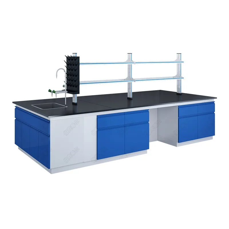 Steel and wood experimental bench, central bench, experimental table, workbench, side bench