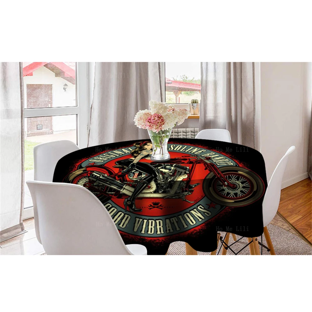 Sexy Pin Up Girl With Motocross Gasoline Motorbike Skull Biker Art Vintage Badge Design Polyester Fabric Round Tablecloth