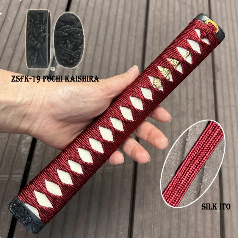 Wine Red Silk Ito, Samurai Sword Tsuka Cord,Real Same, Metal Fuchi Kashira,Wooden Handle Of Japanese Katana,Sword Accessories