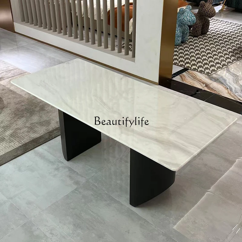 Pure natural marble jazz white dining table Italian minimalist rectangular high-end luxury stone dining table