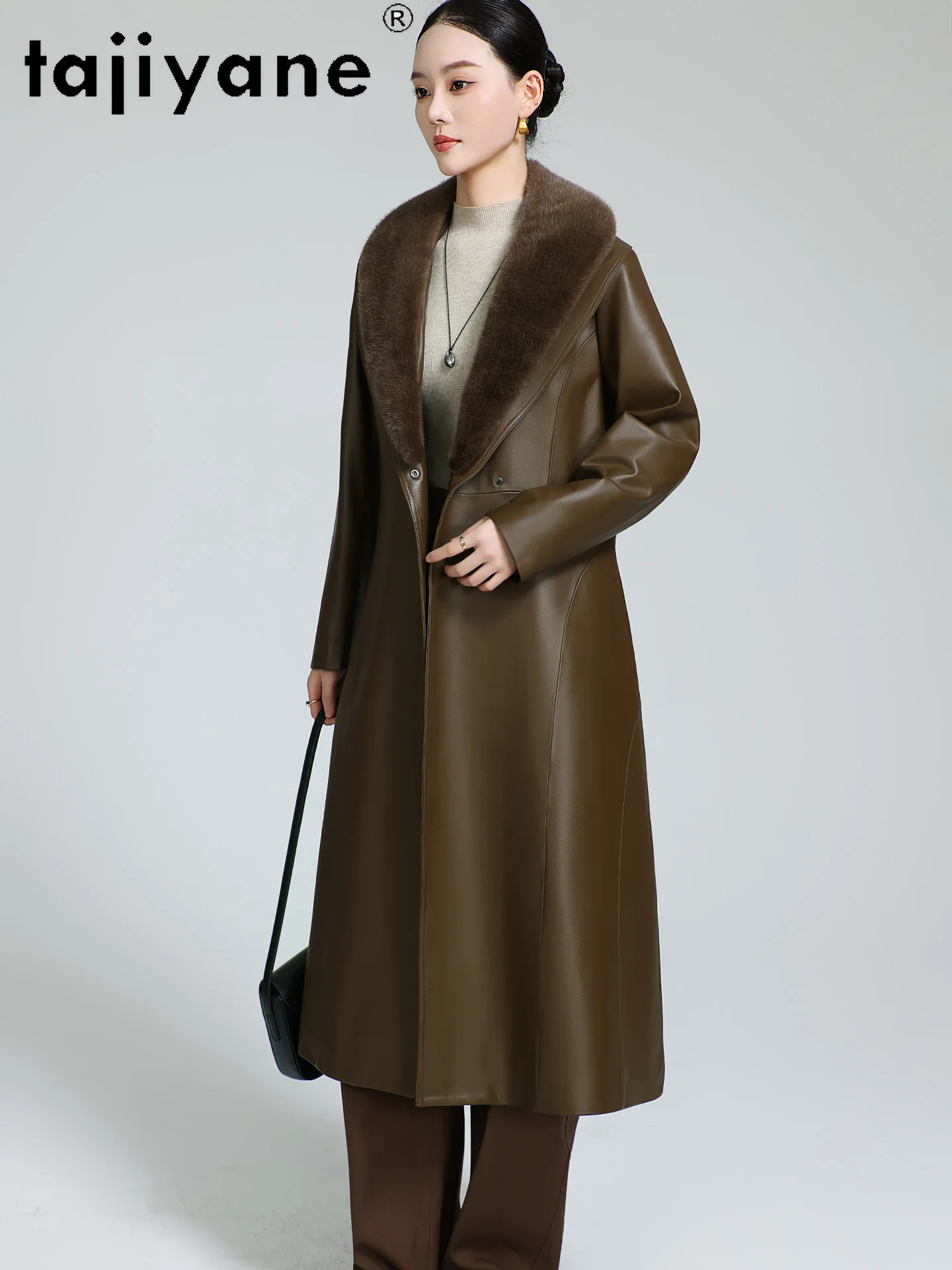 TAJIYANE جلد الغنم الحقيقي أوزة أسفل معطف المرأة طويلة ضئيلة سترات من الجلد الطبيعي مع فرو المنك طوق 2025 ملابس امرأة 신상 Jadiitet #4