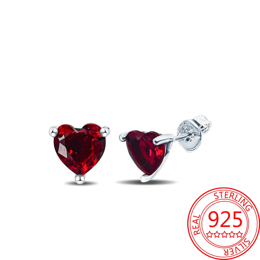 

Authentic 925 Sterling Silver Red Crystal Heart Stud Earrings Women Romantic Wedding Jewelry Set Accessories