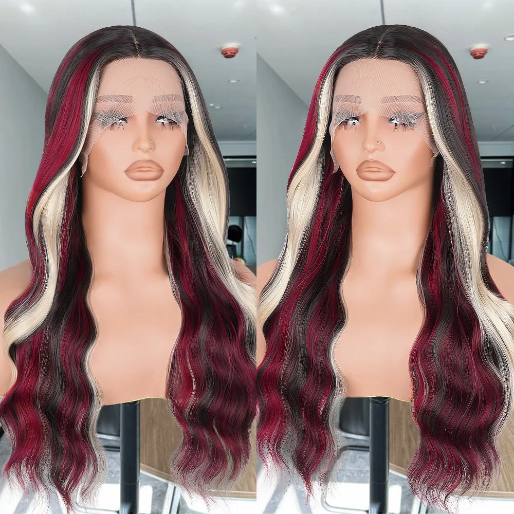 Red Black Blonde Highlight Wig Synthetic13X4 Lace Front Wigs For Women Pre Plucked Hairline With Baby Hair Body Wave Lace Wig