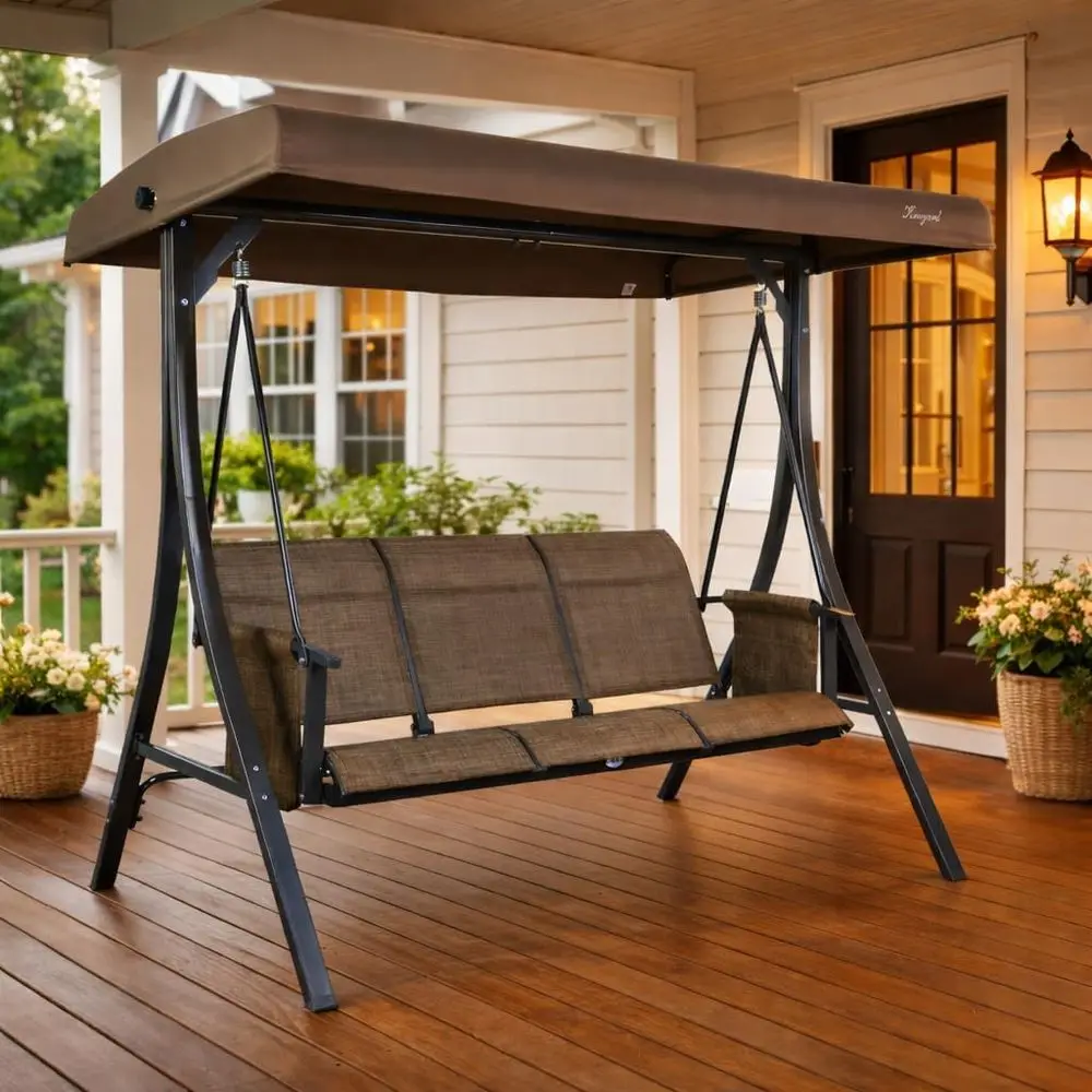 

Brenda 3-Seat Outdoor Porch Swing Glider, Patio Swing with Adjustable , Steel e, Breathable Textilene Seat & Back, Side kets (Ta
