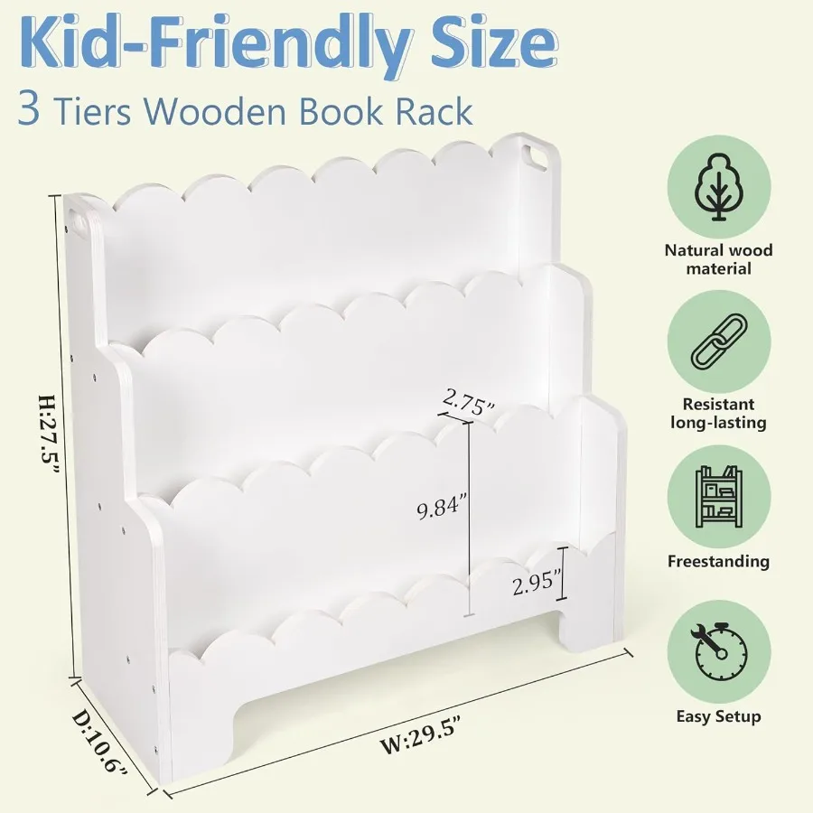 Wooden 3Tier Scalloped Bookshelf for 's Rooms FrontFacing Toddler Montessori Bookshelf Ideal for Baby Nursery and Classroom Eas