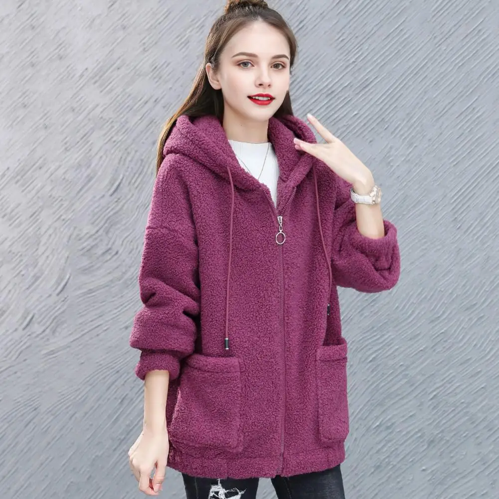 Women Winter Hoodie Thick Fleece Drawstring Hooded Outerwear Full Sleeves Zipper Closure Windproof Cardigan Jacket With Pockets