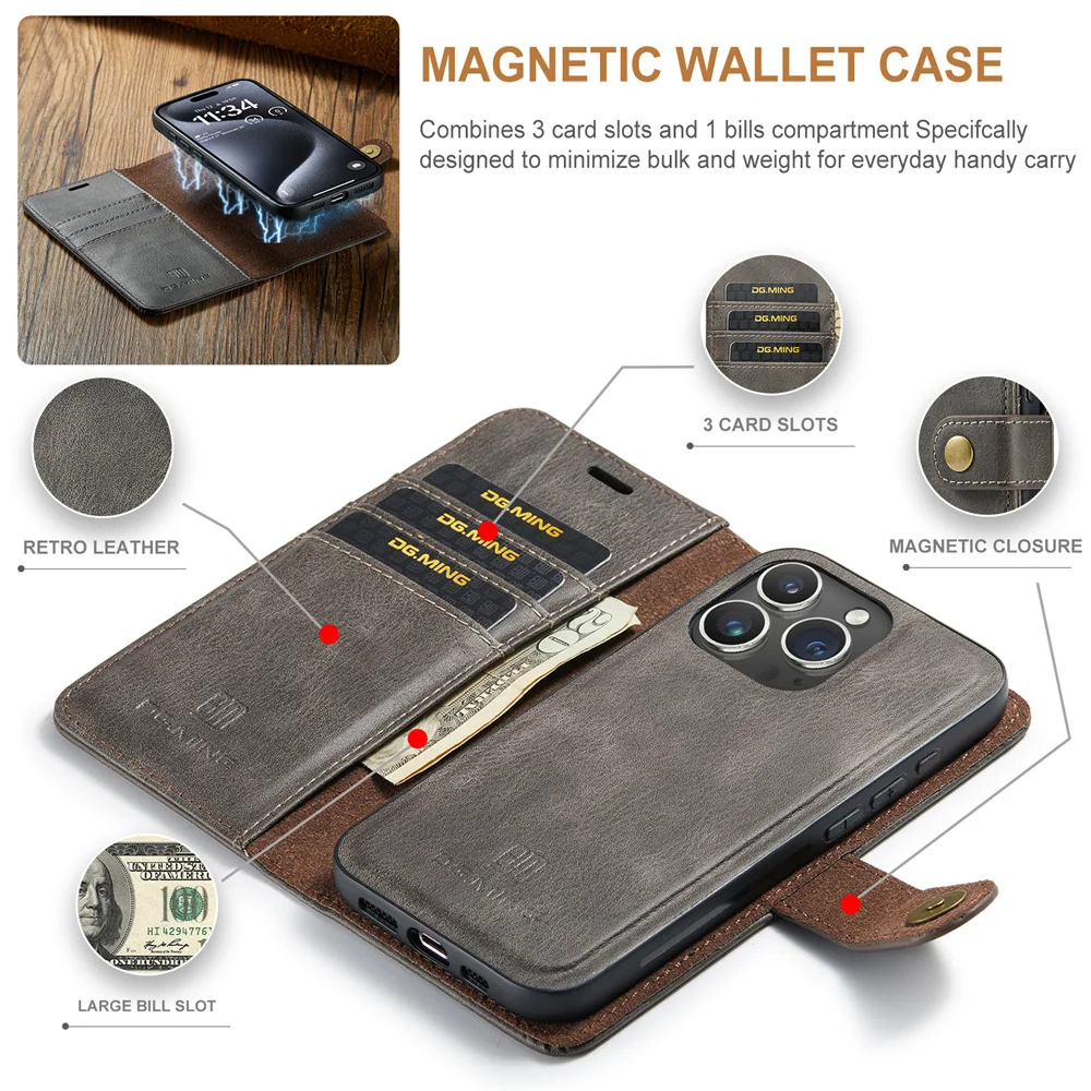 DG.MING Luxury Detachable Wallet Case for iPhone 15 Pro Max 5s 6s 7G 8 XR XS Max 11 Pro 12 13 Mini 14 Plus Magnetic Leather Case