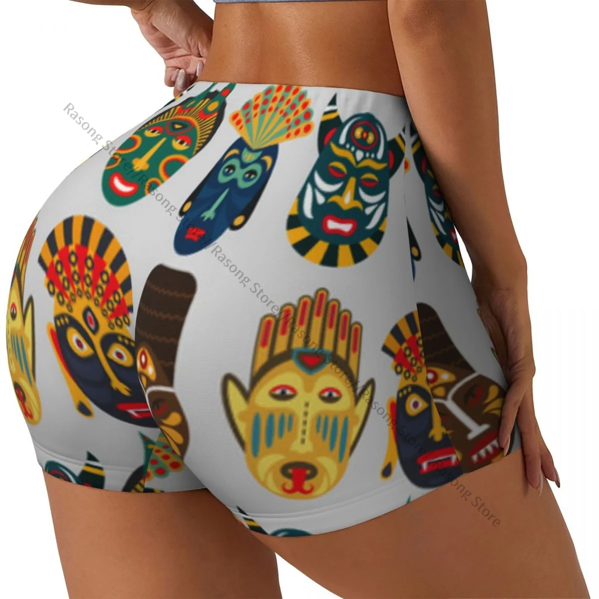 

Spandex Yoga Shorts for Women Ethnic Masks African Tribal Print Workout Booty Shorts