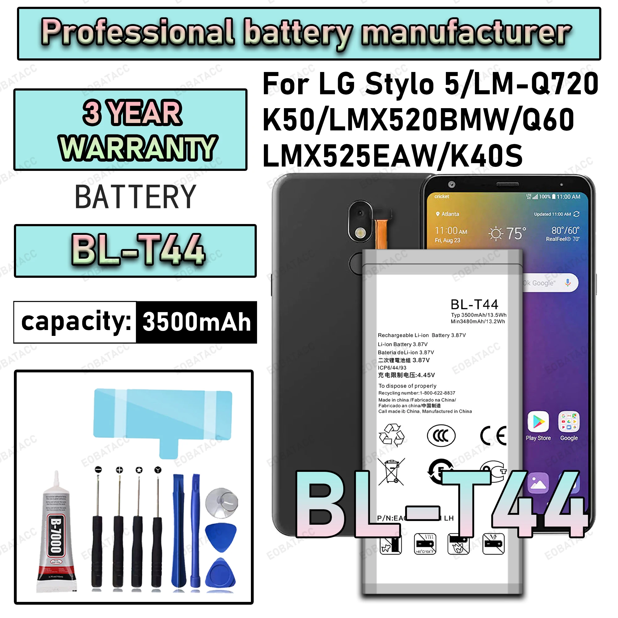 بطارية BL-T44 جديدة لعام 100% لهاتف LG Stylo 5/LM-Q720/K50/LMX520BMW/Q60/LMX525EAW/K40S بطارية بديلة + أدوات مجانية #2