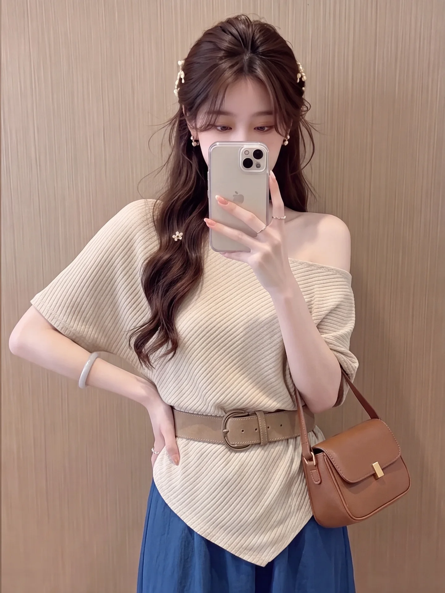 Summer New Loose Knitted Top Women's Belted Shoulder Angle Irregular Short Sleeve Standard Fit Korean Style Commute Style