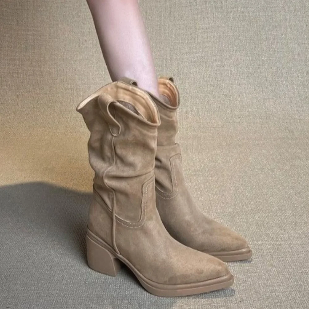 Brown Pointed Toe Thick Heels Western Boots Women Plus Slip On Mid Calf Boots Woman Wide Leg Pleated Flock Botas Mujer