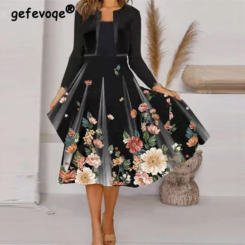 Vintage Blumen gedruckt elegante Mode Party kleider für Frauen hohe Taille Langarm gefälschte zweiteilige Midi-Kleid weibliche Kleidung