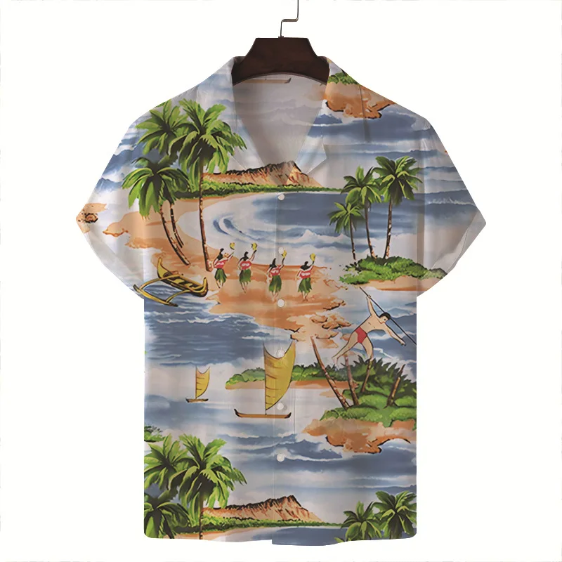 2024 verão gola cubana camisa de manga curta cardigan, europeu e americano estilo férias havaianas camisa de praia casual masculina