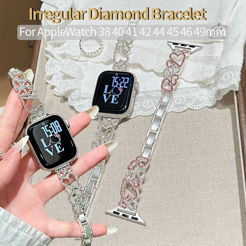 Irregular Diamond Studded Bracelet for Apple Watch 11 10 9 8 7 Heart-shaped Wristband for Iwatch Band 46mm 42 44 45 49 38 40 41m