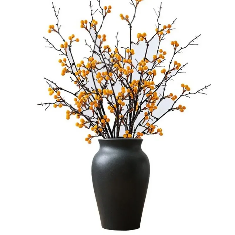 Large Black Ceramic Vase for Dried Flowers Persimmon Style Pottery Home Decor Ornament Wide Mouth Floor Standing Art Piece