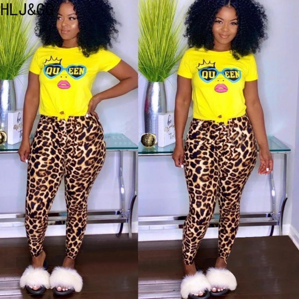 

HLJ&GG Yellow Casual Leopard Print Skinny Pants Two Piece Sets Women O Neck Short Sleeve Top And Pants Tracksuits Female Outfits