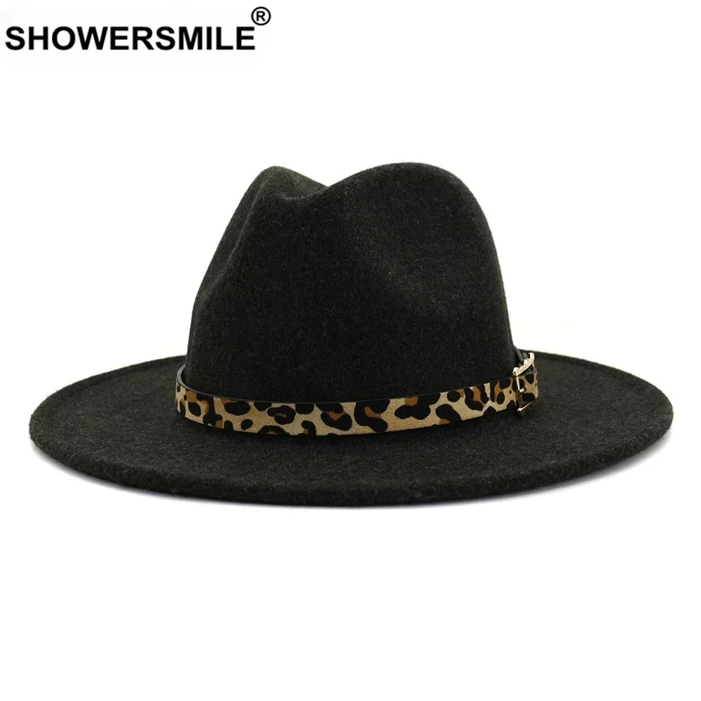 

Black Wool Fedora Hat for Women Men Autumn British Style Vintage Wide Brim Fedoras Leopard Belt Felt Hat Jazz Winter Trilby Cap