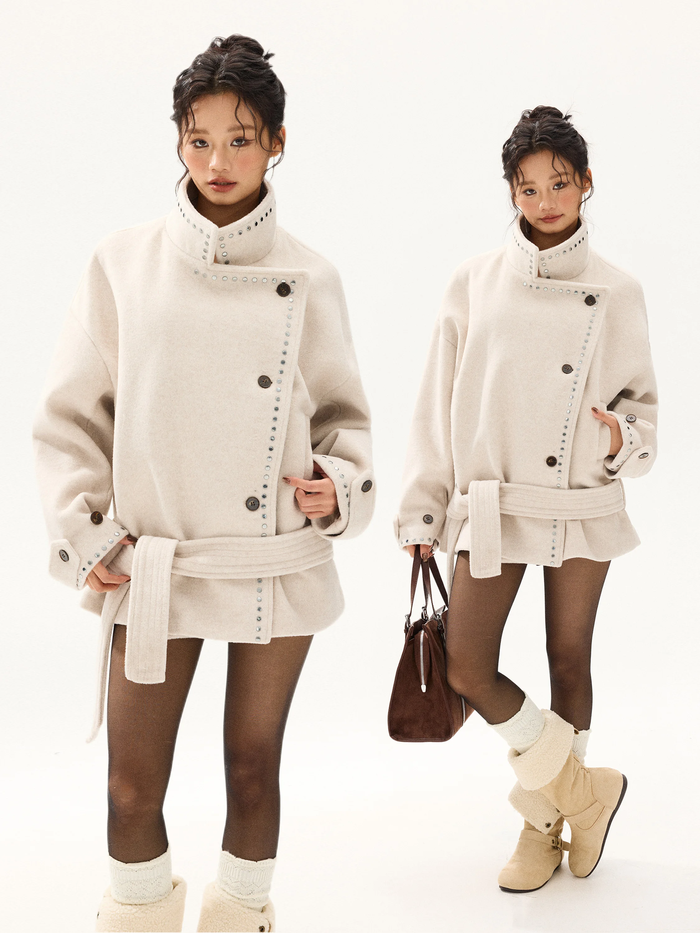 

Американское винтажное шерстяное пальто с заклепками, воротником-стойкой, поясом на талии, свободного кроя, с открытым передом, длинное, для женщин