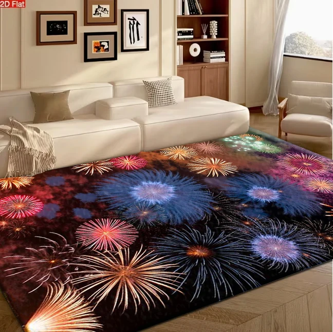 Colorful Night Fireworks Celebration Carpet Flooring, Festival Scenery Non-Slip Floor Rug for Living Room Bedroom Home Decoration