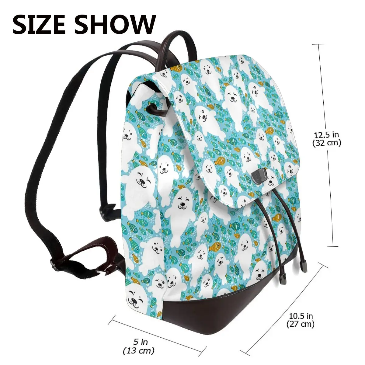 Kawaii Cute Seal And Fish In Water Bookbag School Student Bags Hiking Travel Daypack for Women Fashion Derma Backpack