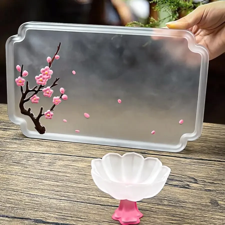 

Chinese square matte drain crystal glass peach blossom kung fu tea set pot bearing hand-painted tea tray