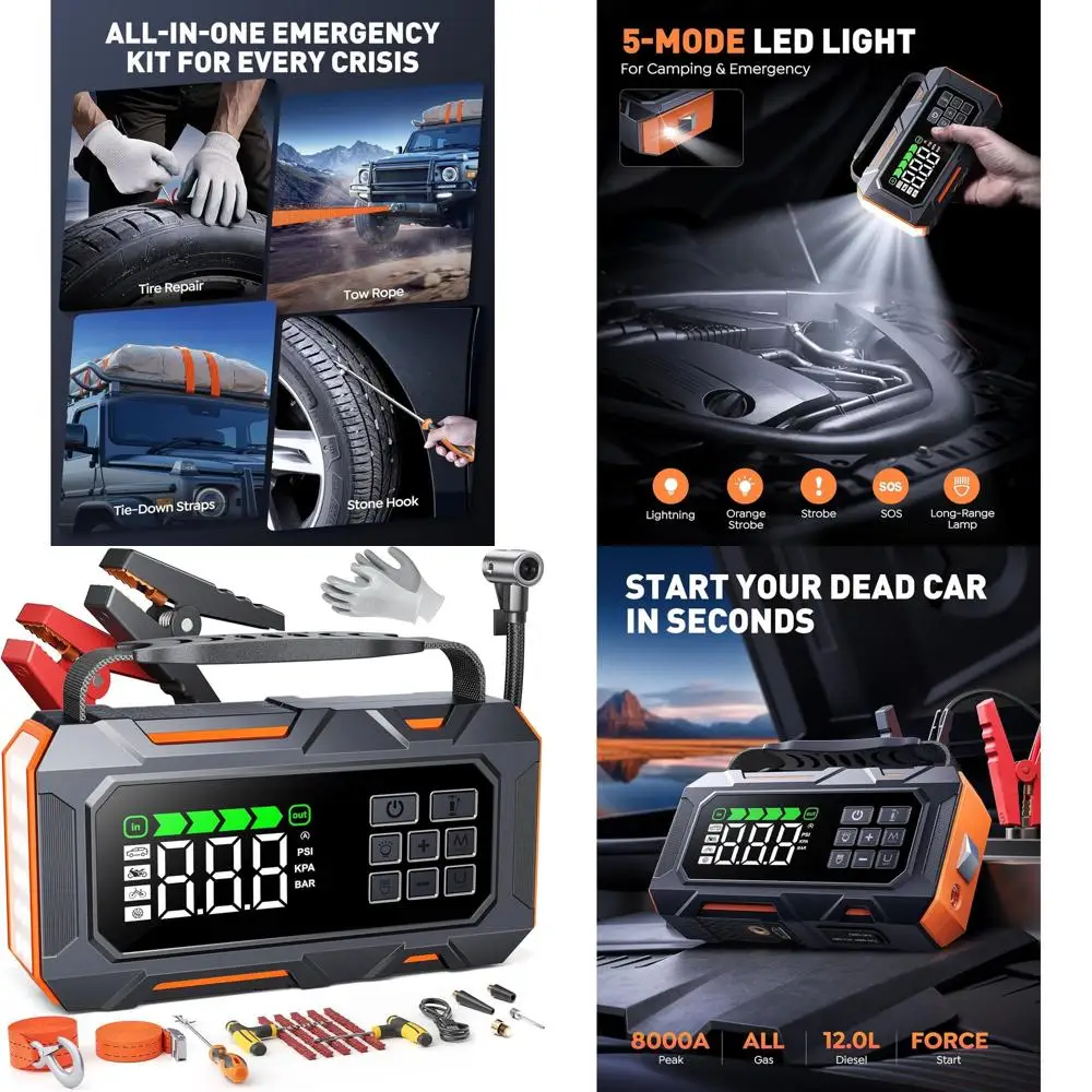 

16-in-1 Car Jump Starter with Air Compressor 160PSI, 8000A Jump Starter Jump Box (All Gas 12L Diesel), Jumper Cables Jumper Star