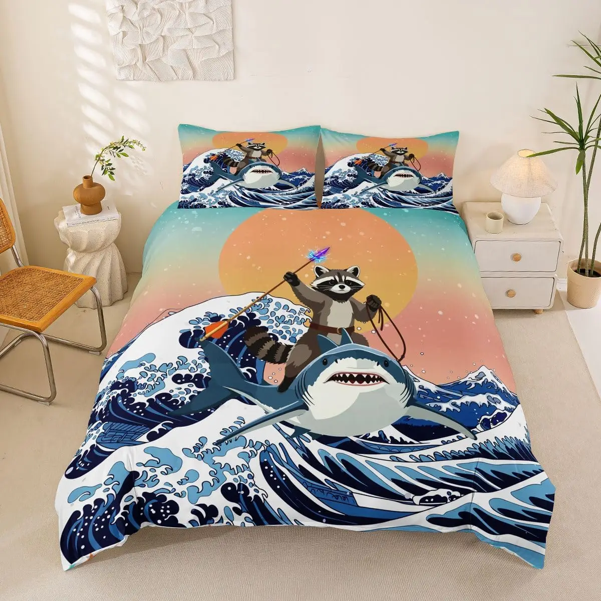 

Watercolor Raccoon Cot Bed Duvet Cover Set Ukiyoe Blue Ocean Waves Bedding With 1 Pillowcase Japan Orange Sunset