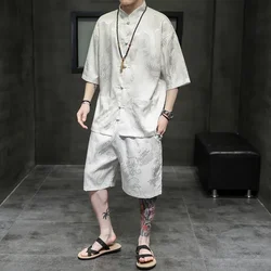 Chinese Men's Suit Pocket Ice Silk Dragon Shirt Shorts Tang Suit Frog Button Top Pants Spring Summer Large Size Men's