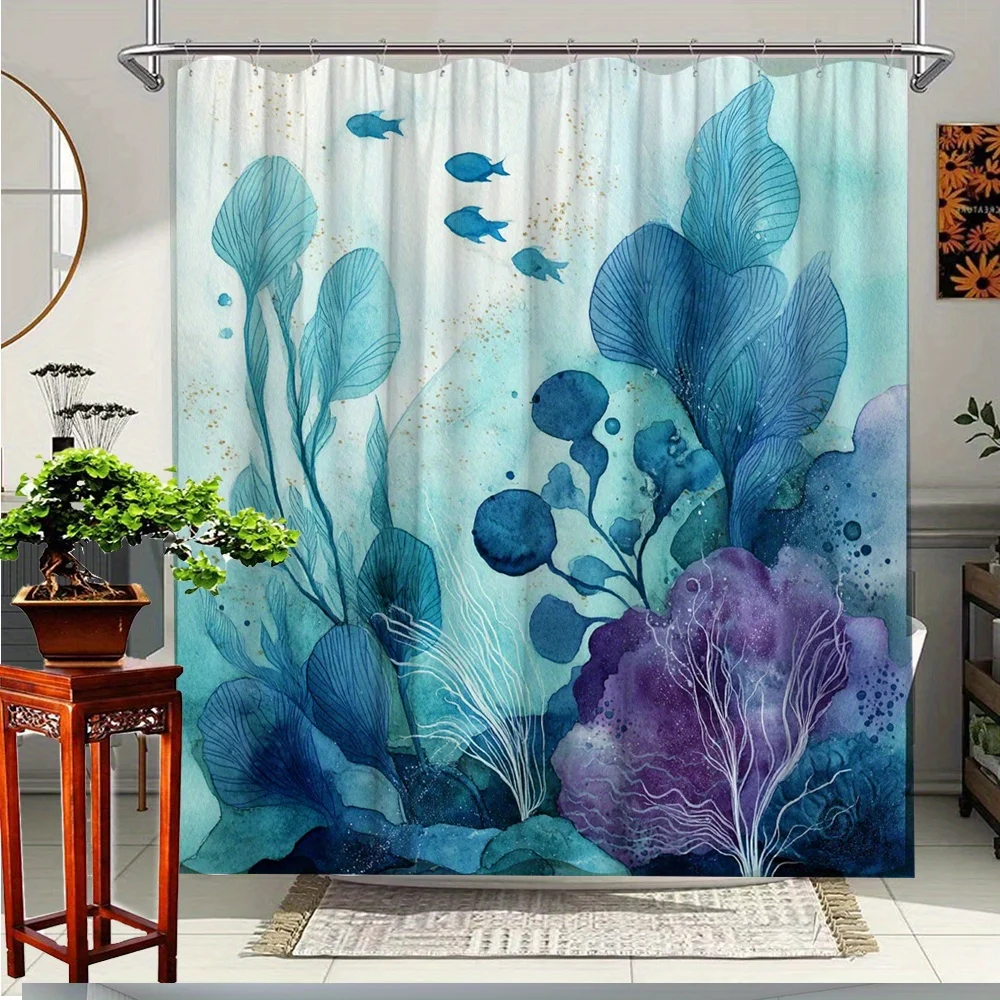 

extra long shower curtain-underwater ocean theme bathroom decoration, purple aquatic plants bathroom decoration shower curtain